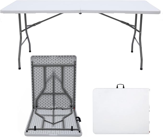 Folding Table 6ft Foldable Table with Built in Handle & Steel Legs / 6FT Heavy Duty Folding Portable,Perfect for Party, Dining Indoor/Outdoor Events, Tailgating & Backyard BBQ, White