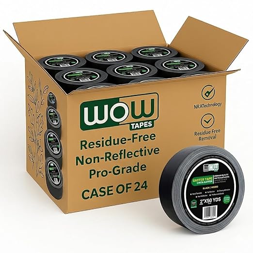 Wow Gaffers Tape 2 Inch Black - 50 Yards (Case of 24), Residue Free, Non-Reflective & Heavy-Duty - Professional Grade Gaff Tape - Ideal for Photography Backdrop, Cables, Cords & Floor Taping