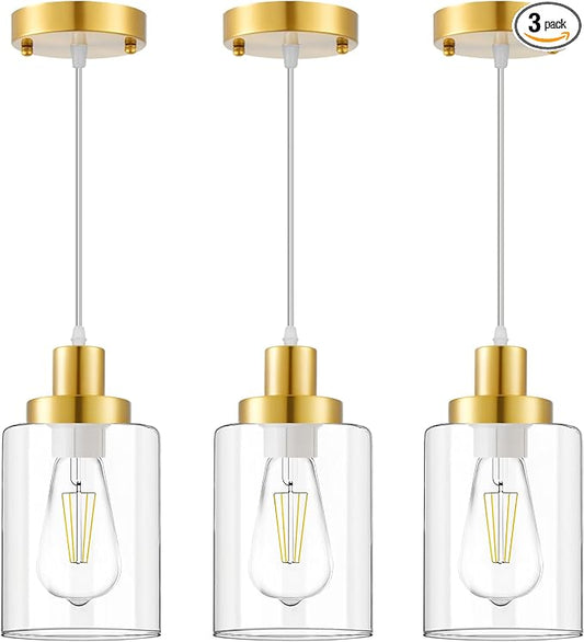 Industrial Pendant Lighting, Modern Clear Glass Shade Pendant Lights, Adjustable Hanging Light Fixtures, Farmhouse Pendant Lighting for Kitchen Island Living Room Bedroom Hallway 3-Pack (Gold)
