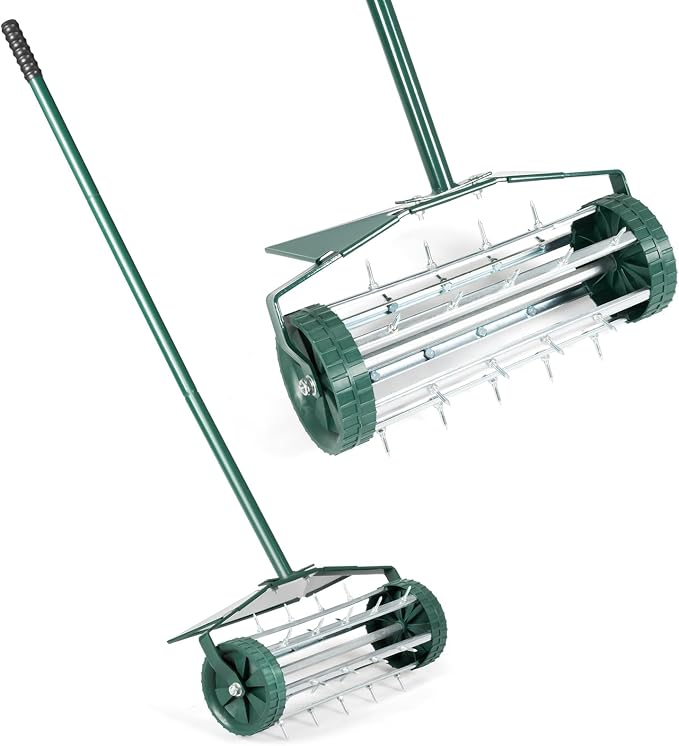 GYMAX Lawn Aerator, 17inch Heavy Duty Rolling Aerator with Sharp Spikes & Anti-Slip Handle, Push Grass Lawn Aerator for Garden, Yard, Manual Aerator Tool (with Fender)