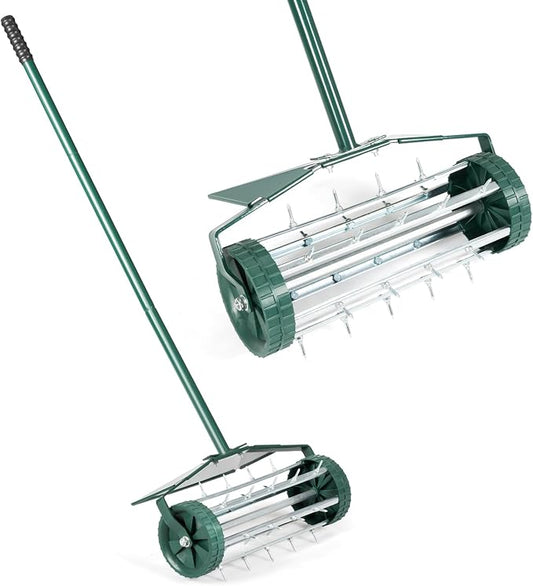 GYMAX Lawn Aerator, 17inch Heavy Duty Rolling Aerator with Sharp Spikes & Anti-Slip Handle, Push Grass Lawn Aerator for Garden, Yard, Manual Aerator Tool (with Fender)