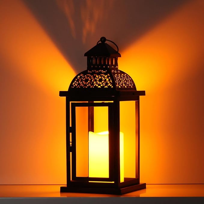 No Glass Lanterns Decorative Indoor & Outdoor, 15'' Candle Lantern Decorative Christmas Indoor Outdoor Decor, Vintage Metal Hanging Lanterns with LED Candle for Patio, Front Porch,Yard, Table