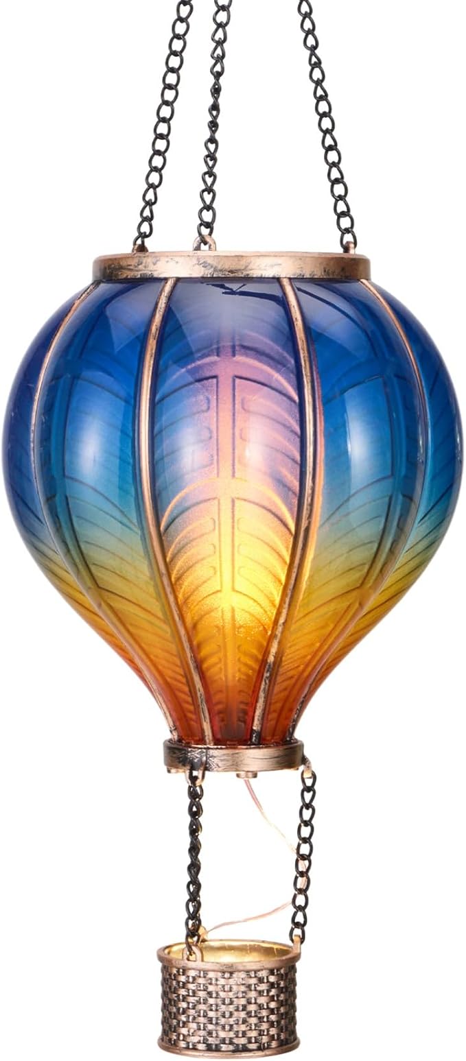 TERESA'S COLLECTIONS Hot Air Balloon Lantern for Garden Decor ,Flickering Flame Hanging Light for Outdoor ,Blue & Yellow Plastic Lamp for Yard Tree Gift for Mom
