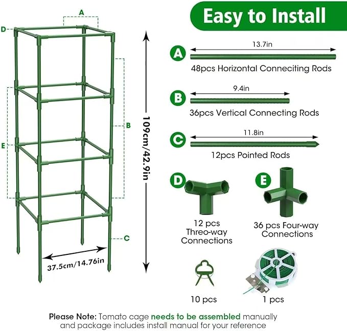 3 Pack Tomato Cages, 42 Inch Heavy Duty Metal Square Tomato Cage for Raised Garden Bed, Rust-Proof Sturdy Tall Tomato Trellis Supports for Climbing Plants Outdoor with Clips Wire