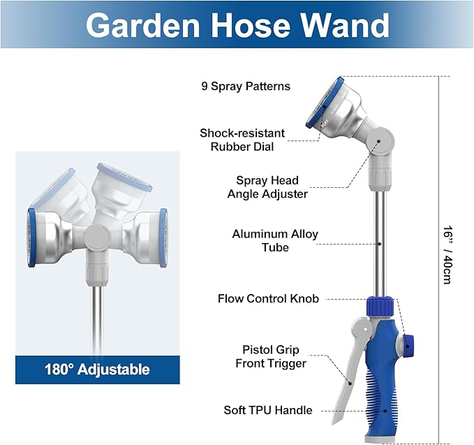 Watering Wand, 16" Aluminum Garden Hose Nozzle with 180° Rotating Ratchet Head, 9 Spray Patterns & Adjustable Flow Control - Perfect for Water Hanging Baskets and Shrubs