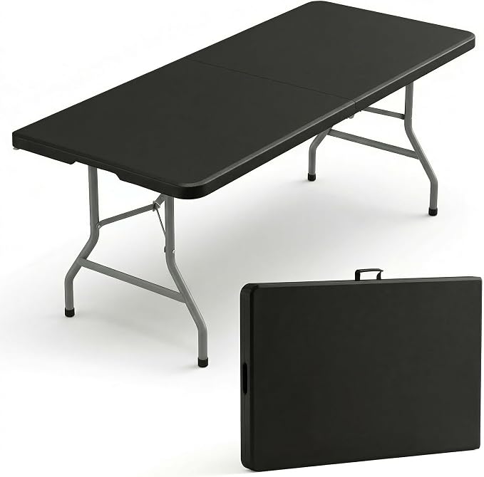 6 Foot Foldable Table with Built in Handle & Steel Legs, 6FT Portable Heavy Duty Plastic Folding Tables for Parties, Dining, Wedding, Events, Picnic, Indoor & Outdoor, Camping, Utility