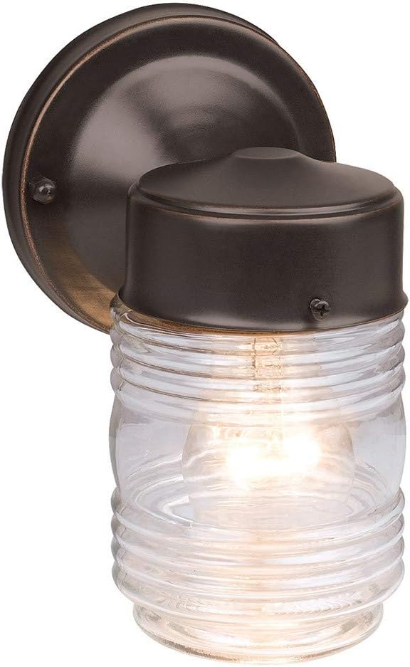 Design House Jelly Jar 1 Light Wall Light, Oil Rubbed Bronze, Outdoor Downlight, Clear Glass, Wet Rated, 7.5 in H x 4.5 in L x 5.25 in W, 60W Medium Base, Model 505198