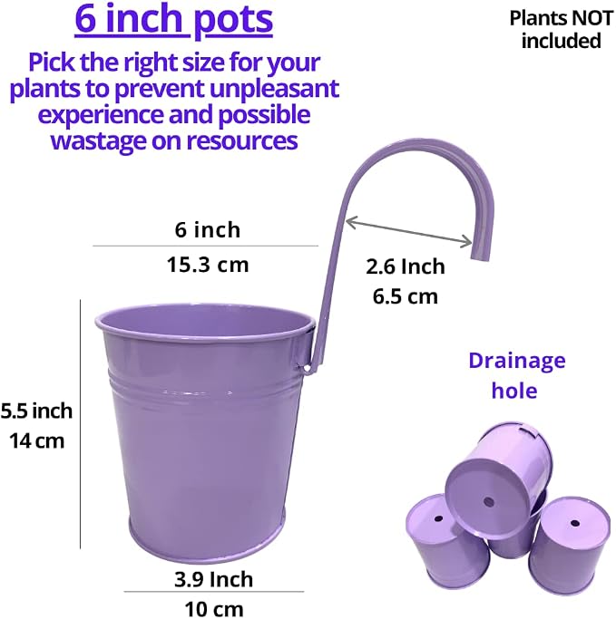 LaLaGreen Hanging Planters Outdoor -10 Pack, 6 Inch Colorful Large Metal Flower Pot, Balcony Planters Railing Hanging Herb Garden Iron Hanging Plant Buckets for Fence Rail Deck Porch Outside Wall