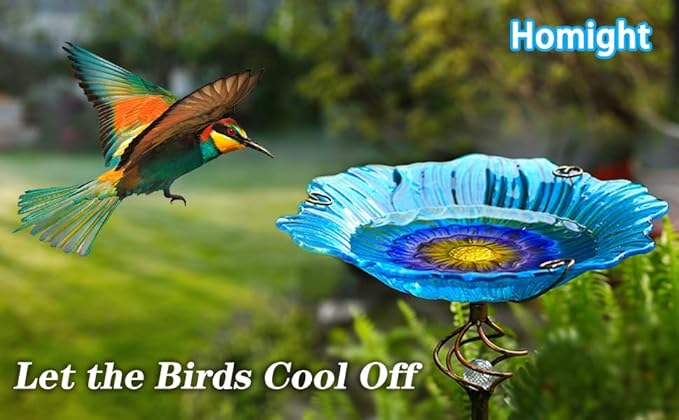 Homight Solar Glass Blue Bird Bath, Yard Art，Garden Outdoor Birdbath with Metal Stake with White LED Light Metal Stake Garden Decor Gift