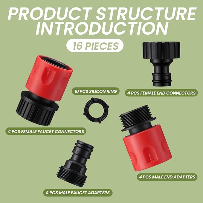 Hotop 16 Pieces Garden Hose Quick Connector 3/4 Inch Plastic Water Hose Fittings Male and Female Connectors End Adapters with 10 Pieces Rubber Gaskets (Red)