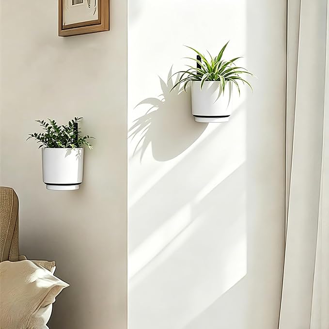 2 Pcs Wall Mounted Hanging Planter Vase for Indoor Outdoor Plants,Modern Metal Wall and Ceiling Hanging Flower Pot with Removable Flower Pot,Minimalist Decor for Herbs Succulents Flowers,5.1Inch,White
