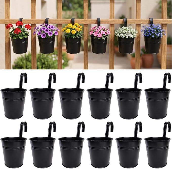 LaLaGreen Rail Planter (6 Inch, 12 Pack) Black Metal Hanging Flower Railing Fence Balcony Gardening for Apartment Patio Planters Outdoor Deck Modern Decoration Garden Style Iron Porch Decor Pots