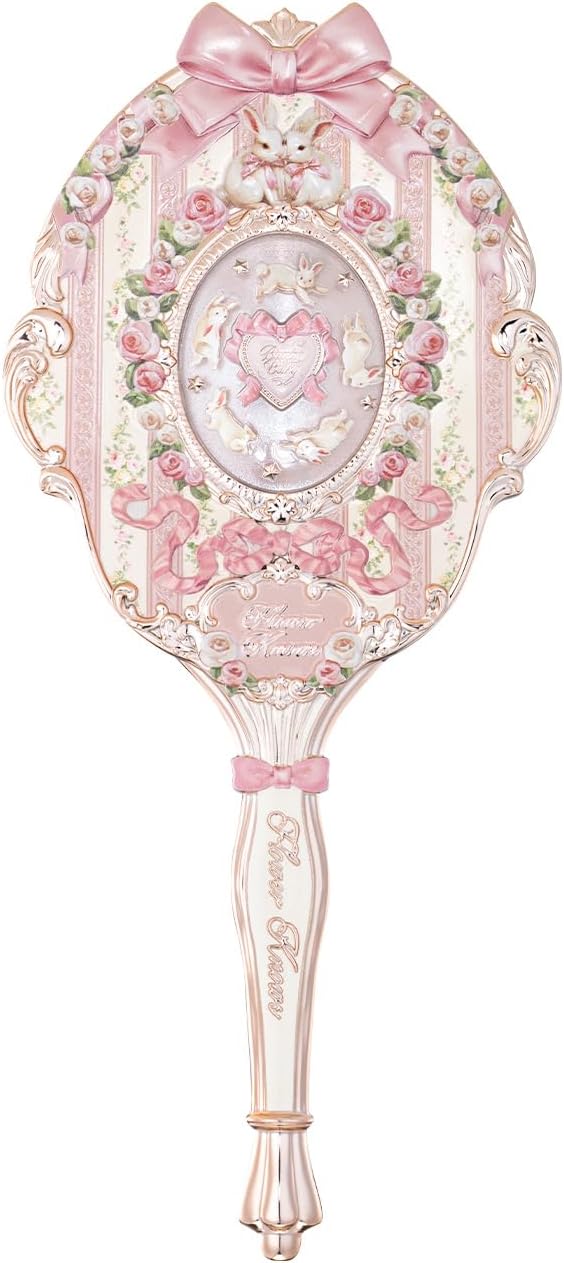 Flower Knows Bunny Garden Collection Hand Mirror,Vintage Portable Handheld Mirror,Fancy & Pretty Princess Mirror with Long Handle,Gift for Girls(Rosette Pink)