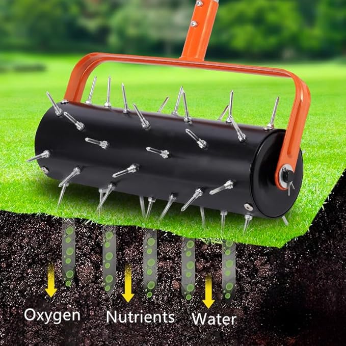 Rolling Lawn Aerator, 71 Inch Manual Aerator Lawn Tool Roller with 42 Spikes, Heavy Duty Soil Penetrator for Garden Yard