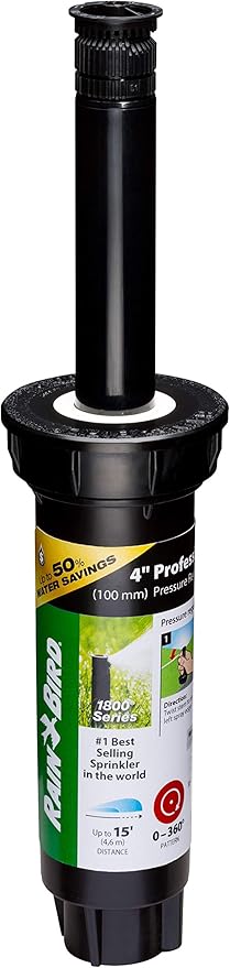 Rain Bird 1804HV15PR Pressure Regulating (PRS) High-Efficiency Professional Pop-Up Sprinkler, 0° - 360° Adjustable Pattern, 12' - 15' Spray Distance, 4" Pop-up Height