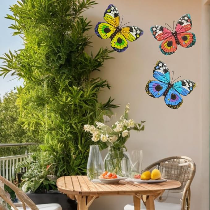 Hanging Butterfly Decorations Fence Decor 3 Pieces Metal Colourful Butterflies Outdoor Wall Art for Garden, Patio, Outside, Home, Farmhouse, Living Room, Dining Room, Rustic Country