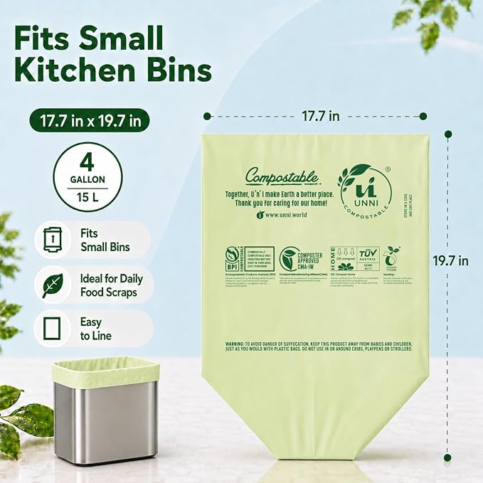 UNNI Compostable Trash Bags, 4 Gallon / 15 Liter, 200 Count, Extra Thick 0.75 mil Small Kitchen Food Scrap Bin Liners, BPI, CMA & OK compost HOME Certified (Meets ASTM D6400)