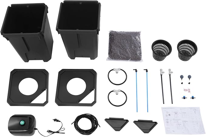 DWC Hydroponics Grow System 7.13 Gal Deep Water Culture Kit Auto Irrigation Sets w/8W 110V Air Pump, Two 12inch Bucket, Flippable Inspection Cover & Check Valve for Urban Farmer (2 Buckets+7.13 Gal)