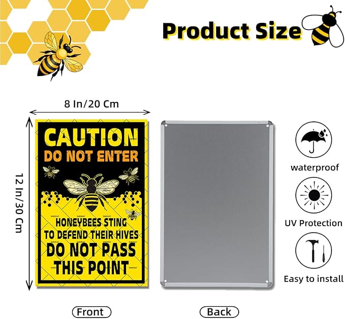 EMOHAT Caution Do Not Enter Honeybees Sting To Defend Hives Metal Tin Sign, Bee Farm Warning Sign for Garden Yard Farm, 8x12 Inch Rustic Man Cave & Farmhouse Decor
