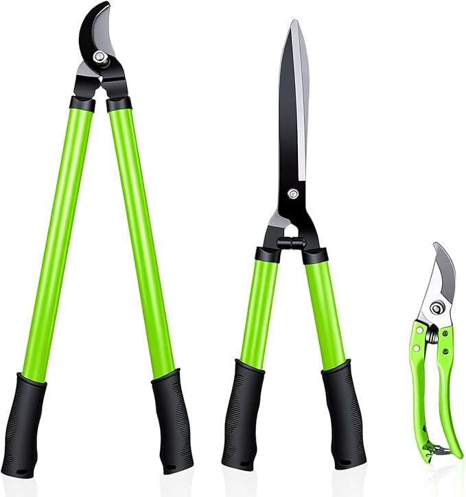 3 Piece Pruner Set with Long Shank Clippers, Hedge Clippers and Manual Pruning Shears for Patio Lawn Garden