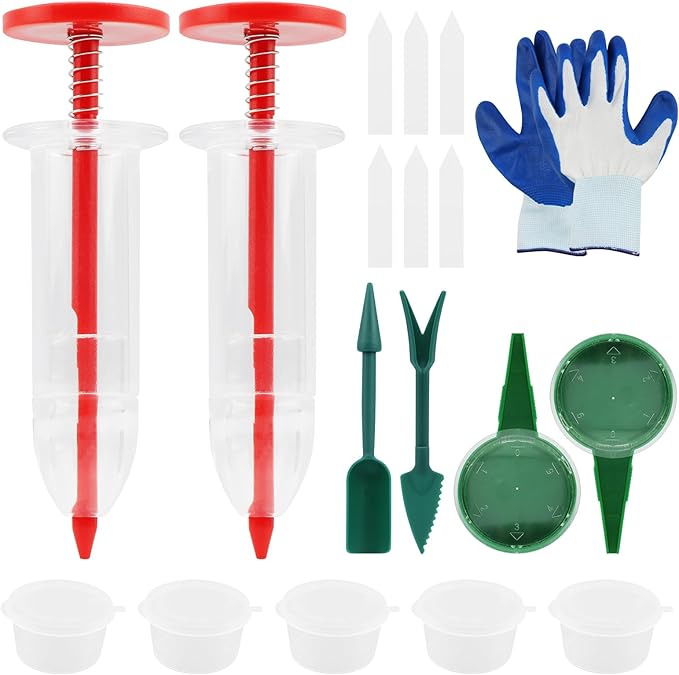Mini Seed Spreader Tool Set 7 Piece, Hand Seed Dispenser for Small Seeds, Dibber and Widger Seedling Tools, Seed Storage Boxes and Labels, Garden Planting Kit