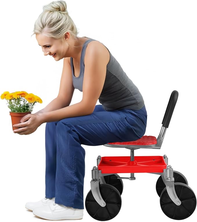 Cuteam Gardening Rolling Seat, Height Adjustable Rolling Garden Cart, 360 Degree Swivel Gardening Stool with Tool Tray, Rolling Work Seat for Gardeners Elderly Seniors (Red)