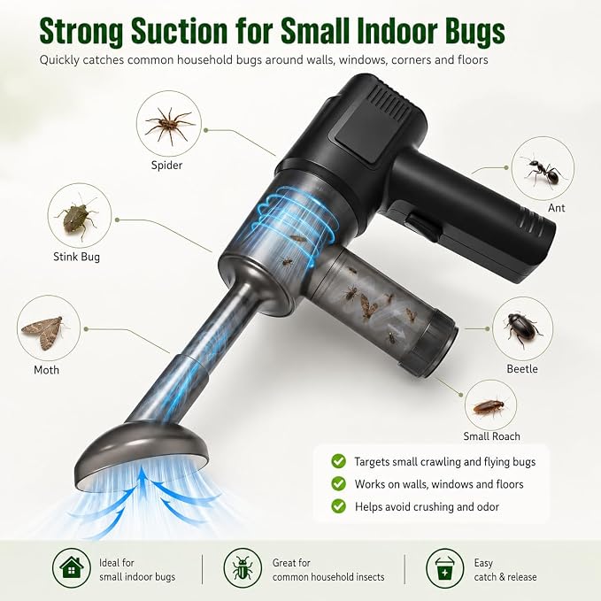 2026 Bug Vacuum Catcher,Cordless Handheld Spider&Insect Catcher with Strong Suction,USB Rechargeable Bug Sucker for Stink Bugs,Moths,Cockroaches,Flies,Indoor Home Car Kitchen Use,Safe for Kids&Adults