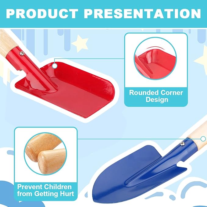 Beach Toys,5 Pcs Children Beach Sandbox Toys,8'' Kids Gardening Set Metal Garden Tools with Sturdy Wooden Handle,Safe Kids Shovel with Spoon, Fork, Rake, Flat Shovel & Pointed Shovel