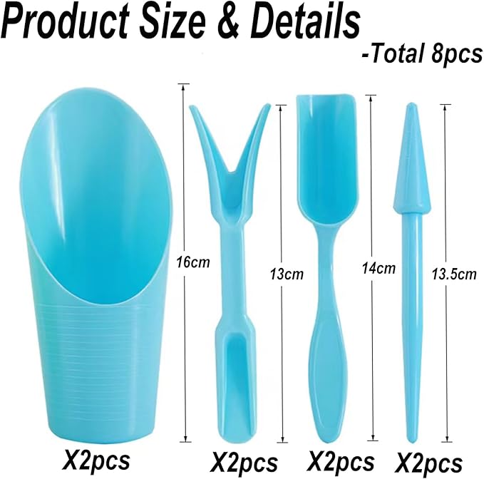8Pcs Set Mini Garden Shovel Hand Tools Transplanting Potting Tool Set Indoor Soil Spoon Scoop Plastic Kits (Blue-8pcs Set)