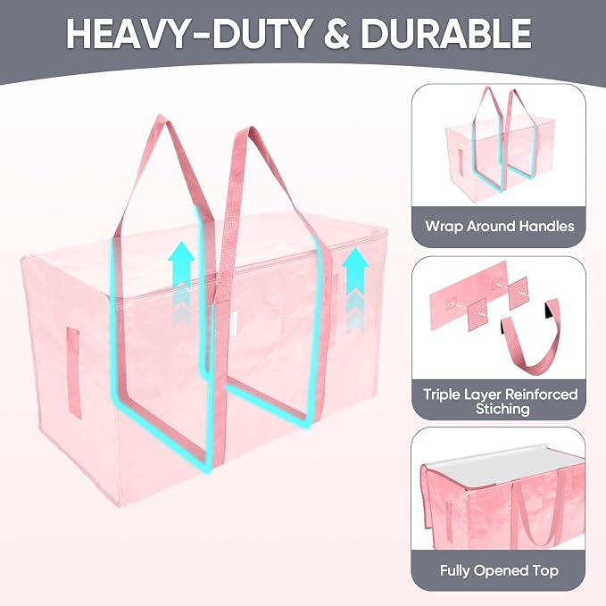 TICONN 6 Pack Extra Large Moving Bags Heavy Duty with Zippers & Carrying Handles, Durable Storage Bags Moving Boxes for Closet Organizers and Storage (6 Pack, Coral)