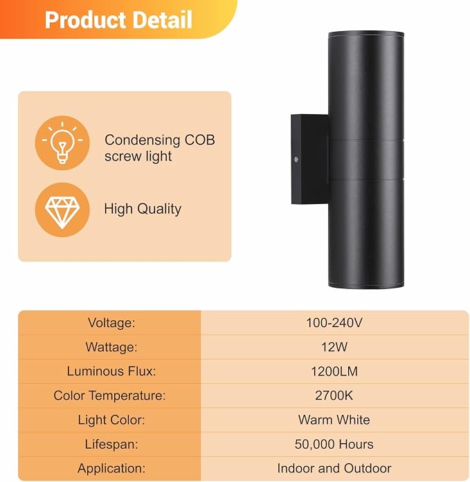 DAKAFUL Outdoor Wall Lights 6Pack, Integrated LED Cylinder Up Down Lights, 12W 2700K Aluminum Exterior Wall Light, Outdoor Light Fixture for Porch Patio Door