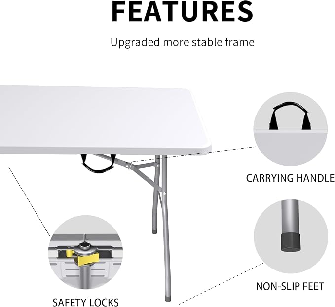 6FT Folding Picnic Table for Outdoor, Portable, White Foldable Table for Camping, Parties, with Carrying Handle (White, 2 Pack)
