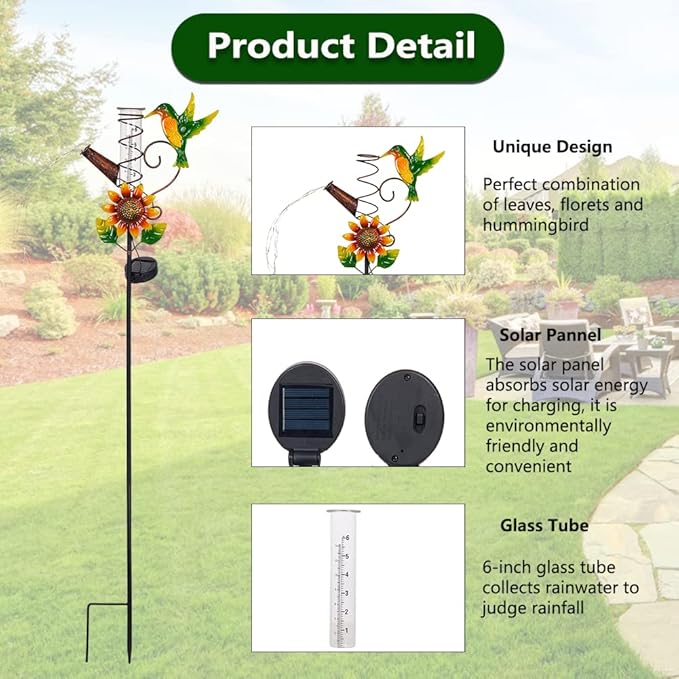 Rain Gauge Outdoor, Solar Hummingbird Rain Gauges, Rust-Proof Fallrain Gauge for Yard, Lawn Pathway, Passage, Patio