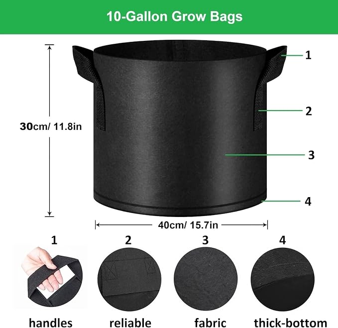 ANSLYQA 10-Gallon Grow Bags, (10 Pack) Thickened Aeration Fabric Growing Pots Planters with Handles for Planting Vegetables Plants, Black