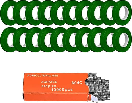 20 Rolls 1640 FT Green Plant Grafting Tape+10000Pcs Staples for Plant Tying Machine,Nursery Tree Tape Support for Climbing Plants Indoor Outdoor, Tree, Vegetables, Branches