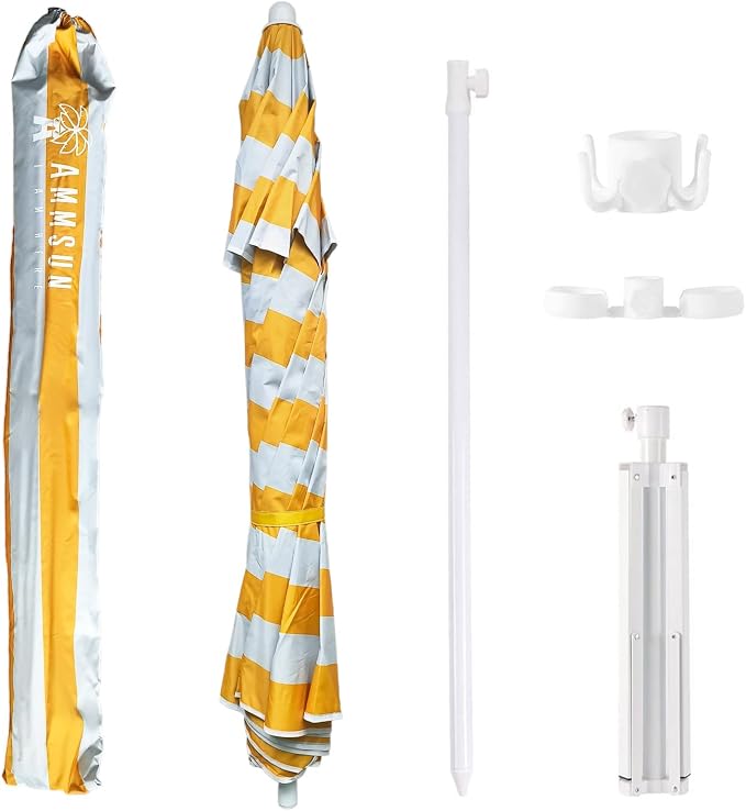 AMMSUN Shade Umbrella, Premium Portable Umbrella with Stand, 6.5ft Lightweight Free Standing Canopy for Sporting Games, Adjustable Instant Sun Protection and Easy to Carry, Stripe Yellow