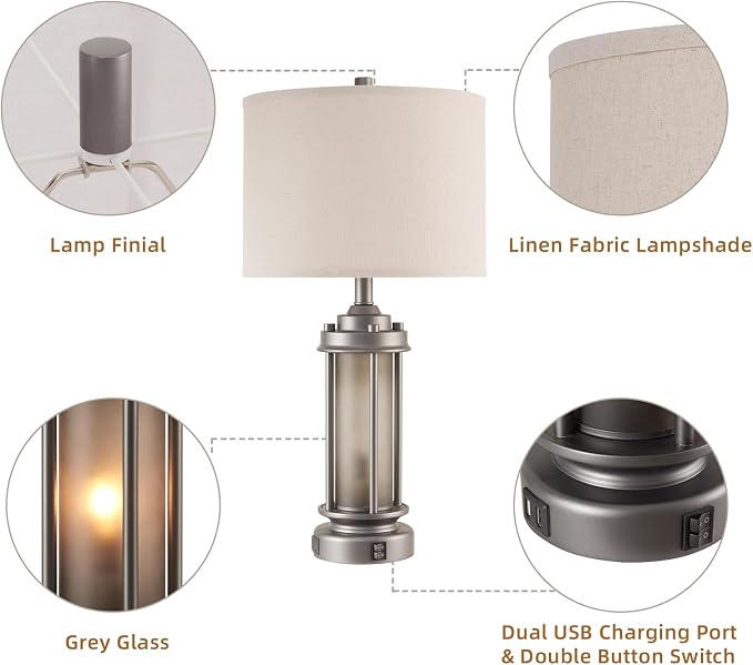 AIEAMPDO Set of 2 Farmhouse Bedroom Table Lamps with 2 USB C+A Ports | Rustic Vintage Design With Amber Glass Nightlight. Table Lamps For Living Room, End Table And Entryway, 4 Bulbs Included