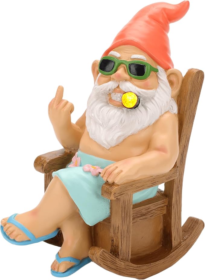 Funny Garden Gnome Statue 7.1", Solar Gnome in Rocking Chair, Outdoor Garden Decor Lawn Ornament for Yard Patio Porch, Fathers Day Birthday Gifts for Men Dad Grandpa