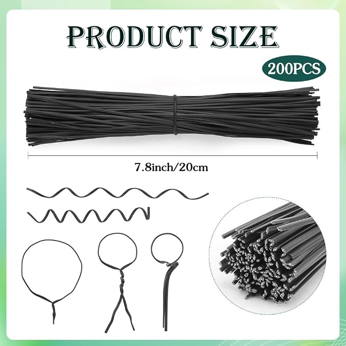 200 PCS Twist Ties for Plants, 7.8 Inch Garden Twist Ties Reusable Black Cable Tie with Rugged Metal Innercores for Bread Cake Pop Candy Bags Cable Organization Christmas Tree Gardening Decor