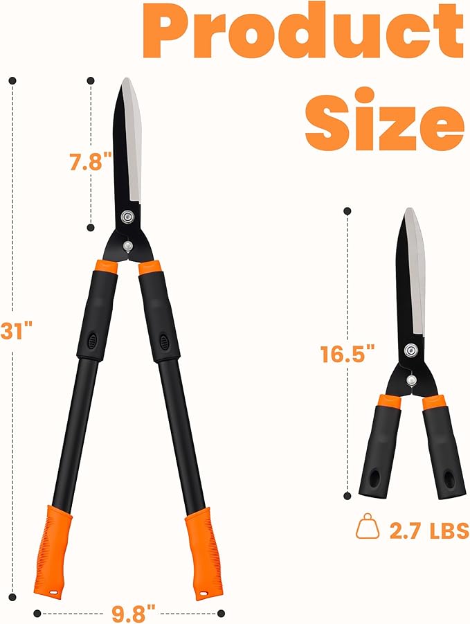 Hedge Shears, 31-Inch Garden Shears with Adjustable Handle, Sharp Blade & Comfortable Grip, Hedge Clippers for Hedges - Black/Orange