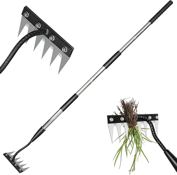 Garden Weeding Rake, Iron Weed Rake with Long Handle(27" - 60"), Heavy Duty 6 Teeth Manganese Steel Iron Weeding Rakes for Weeding, Yard, Farm...