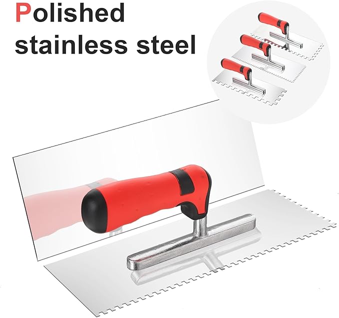 3 Pieces Tile Tools Stainless Steel Square Notched Trowel Set (Notch Size: 5/32" & 5/16" & 1/2") Masonry Hand Kit for Wall Floor Tiling Installation, Concrete Tile Trowel Set