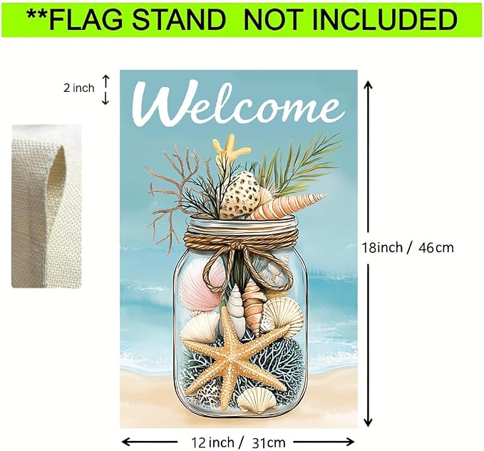 Summer Welcome Garden Flags 12x18 Double Sided Outside | Small Burlap Seasonal Tropical Farmhouse Porch Flags Yard Decorations, Outdoor Beach Pool Decor, Beach Shell Design