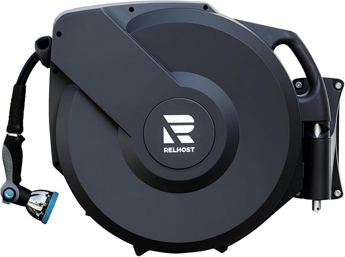 Relhost Retractable Garden Hose Reel, 1/2 in x 130 ft Wall Mount Heavy Duty Hose Reel with Any-Length Lock, Auto Rewind System, 180° Swivel Bracket, and 10-Pattern Nozzle for Garden, Dark Grey