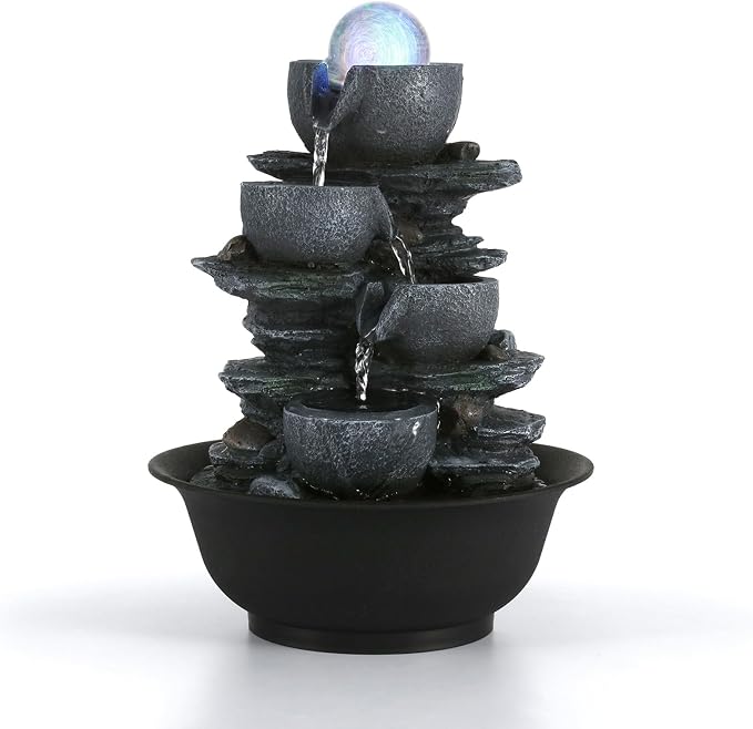 Dyna-Living Tabletop Water Fountain Indoor Waterfalls Fountains with Colored LED Light Decorative Tabletop Fountain with Automatic Pump, Desktop Indoor Water Fountains for Office Relaxing