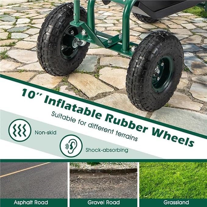 ERGOMASTER Garden Cart Rolling Workseat with Wheels,2 Steering Handles,360 Degree Swivel Seat & Tool Storage, Use for Patio, Yard, and Outdoors Workseat, Green