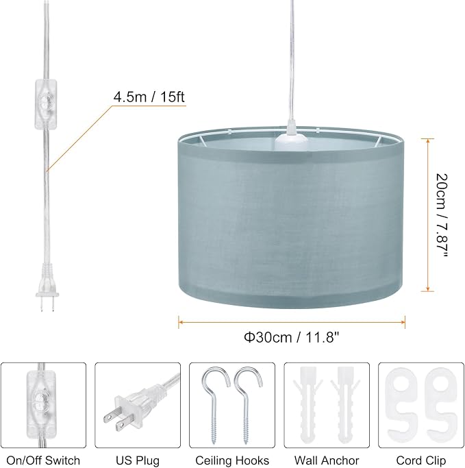 PATIKIL Plug in Pendant Light, 15Ft Rope Cord Hanging Lamp Fixture Gray Blue