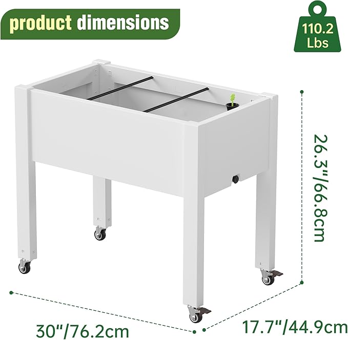 Elevated 26.3" Tall Raised Garden Bed with Wheels - Outdoor Mobile Resin Planter Box with Drainage Holes for Vegetables Flower Herbs, Weather Resistant, Cool White (26.3" h)