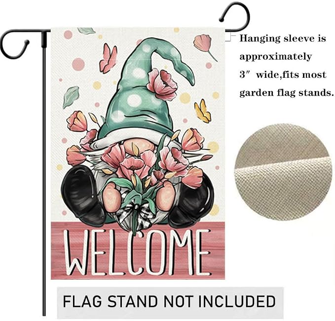 Spring Welcome House Flag 28 x 40 Inch Gnome with Floral Decorative Double Sided Burlap Flag For Seasonal Farmhouse Yard Outdoor Decor