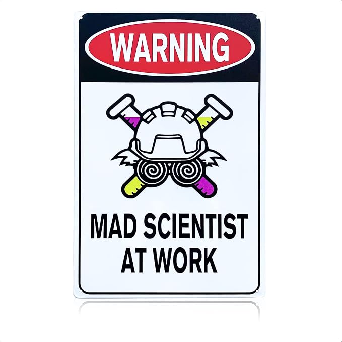 Mad Scientist Wall Decor Science Poster - 8x12" Mad Scientist At Work Warning Sign Science Gifts Mad Scientist Decor Chemistry Poster Wall Art Decor Metal Tin Sign - Aluminum Sign Science Posters
